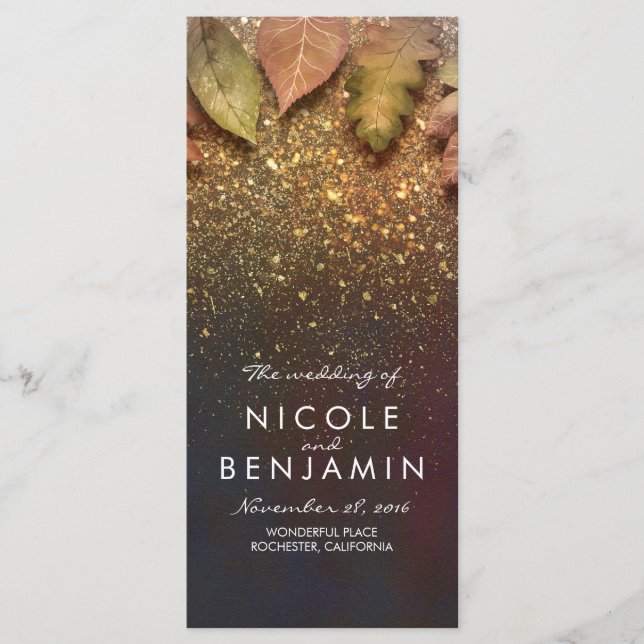 Gold Glitter Fall Leaves Vintage Wedding Programs Programme (Front)