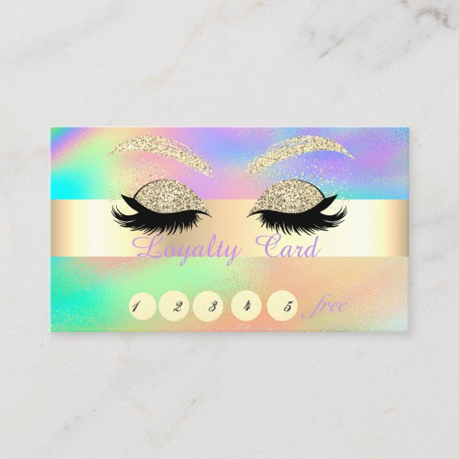 Gold Glitter Faux Lashes Colourful Holographic Loyalty Card (Front)