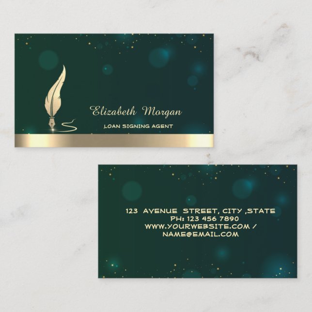 Gold Glitter Feather Stripe Champagne Notary Green Business Card (Front/Back)