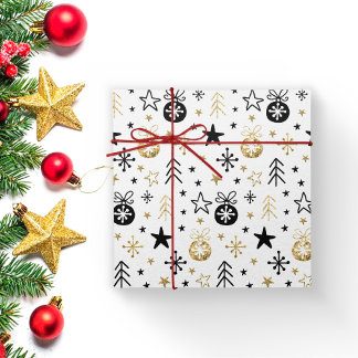 Gold Glitter Festive Christmas Snowflake with Ball Wrapping Paper