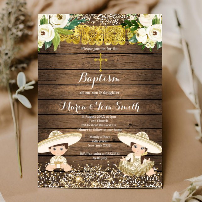 Gold Glitter Fiesta Boy & Girl Baptism Christening Invitation (Creator Uploaded)