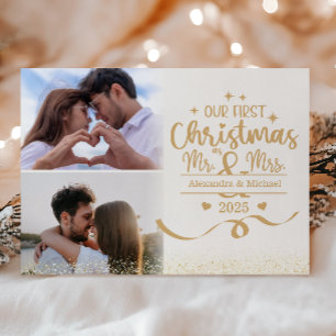 Gold Glitter First Christmas 2 Photo Mr & Mrs Holiday Card