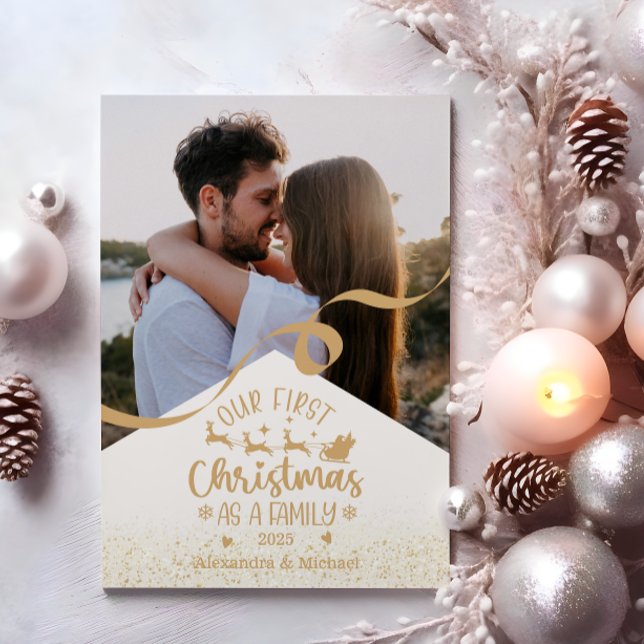 Gold Glitter First Christmas as a Family Photo Holiday Card (Creator Uploaded)