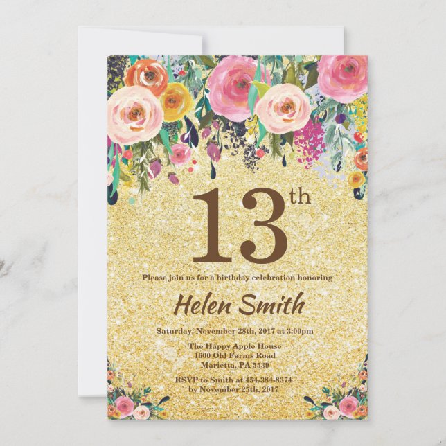 Gold Glitter Floral 13th Birthday Invitation (Front)