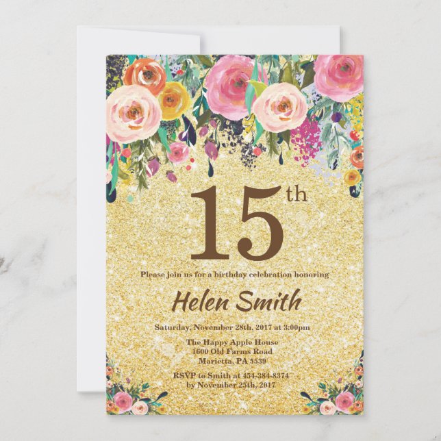 Gold Glitter Floral 15th Birthday Invitation (Front)