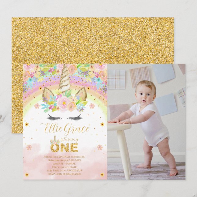 Gold Glitter Floral 1st Birthday Unicorn Photo Invitation (Front/Back)