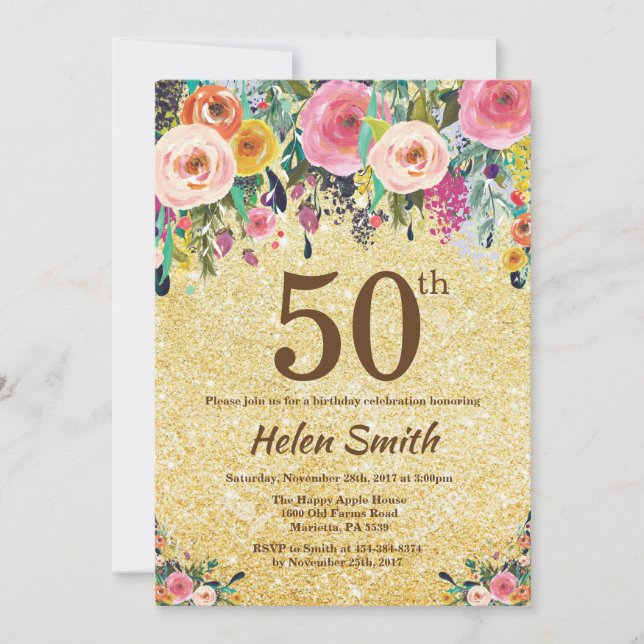 Gold Glitter Floral 50th Birthday Invitation (Front)