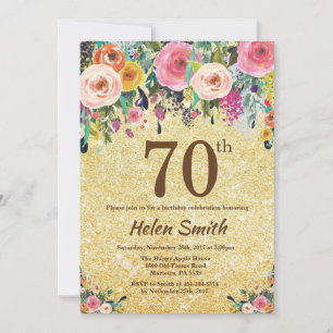 Gold Glitter Floral 70th Birthday Invitation