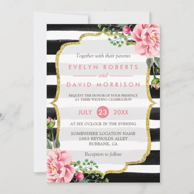Gold Glitter Floral Black White Stripes Wedding Invitation (Front)
