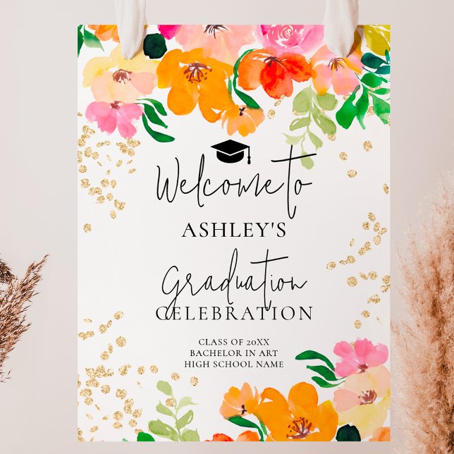 Gold glitter floral botanical graduation welcome poster (Gold glitter floral botanical graduation welcome poster)