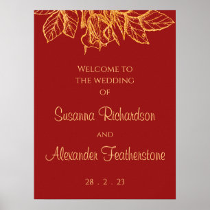 Gold Glitter Floral Bouquet, Red Wedding Welcome Poster