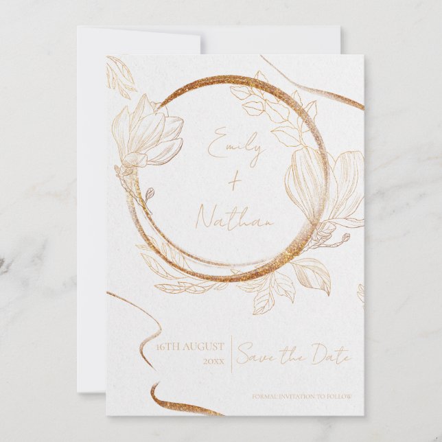 Gold Glitter Floral Elegant Wedding Save The Date Invitation (Front)