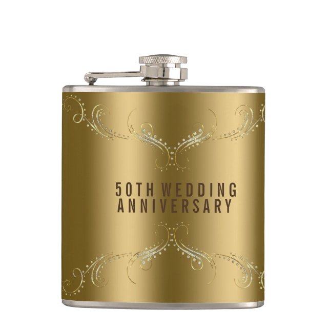 Gold & Glitter Floral Frame Over Gold Hip Flask (Front)