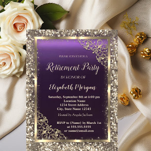 Gold Glitter Floral Frame Purple Retirement  Invitation