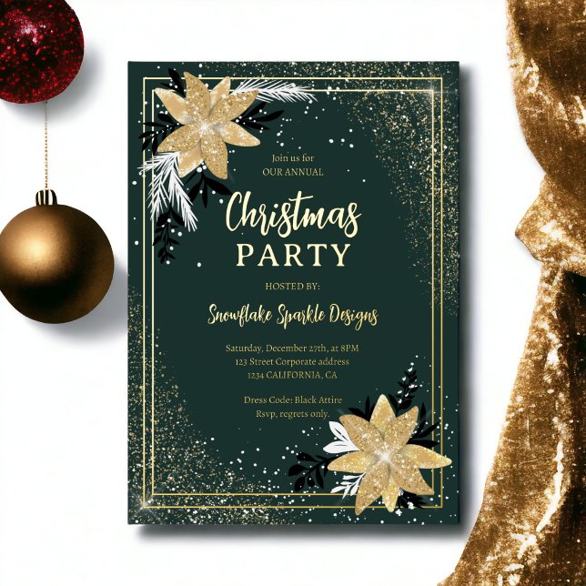 Gold glitter floral green Corporate Christmas (Gold glitter floral green Corporate Christmas Foil Holiday Card)