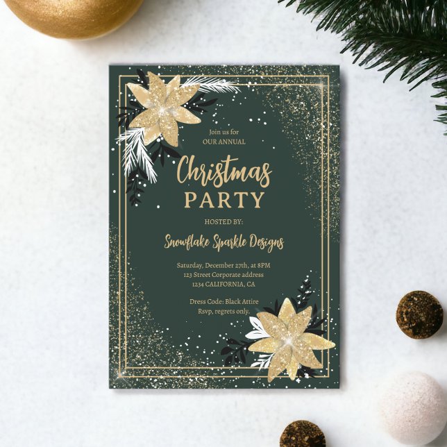 Gold glitter floral green Corporate Christmas Invitation (Gold glitter floral green Corporate Christmas Invitation)