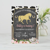Gold Glitter Floral Horse Birthday Invitation