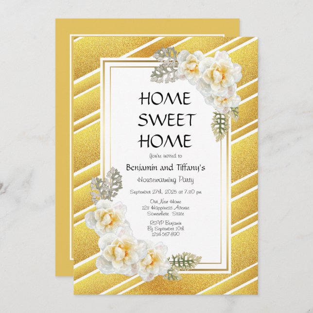 Gold Glitter Floral Housewarming Party Invitation (Front/Back)