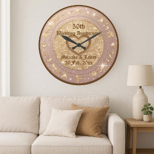 Gold Glitter Floral Motif 50th Wedding Anniversary Large Clock