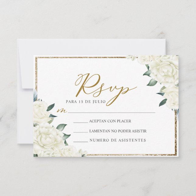 Gold Glitter Floral Nuestra Boda Wedding RSVP Invitation (Front)
