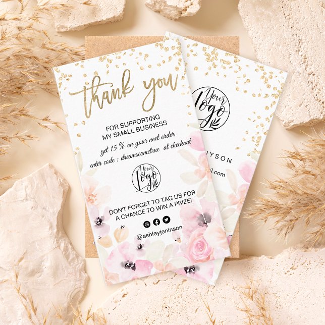 Gold glitter floral pastel logo order thank you business card (Creator Uploaded)