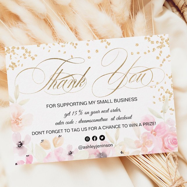Gold glitter floral pastel logo script thank you business card (Creator Uploaded)