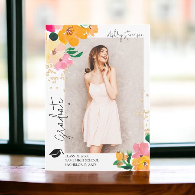 Gold glitter floral photo botanical graduation announcement (Gold glitter floral photo botanical graduation announcement)