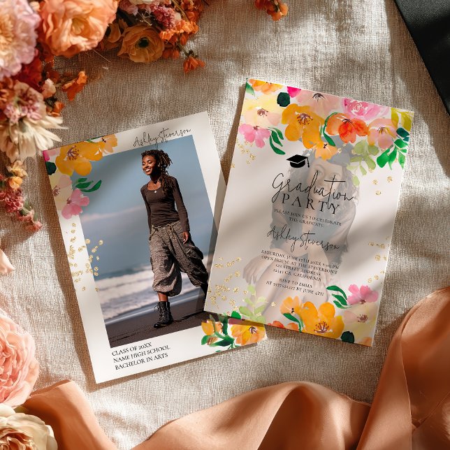 Gold glitter floral photo botanical graduation invitation (Gold glitter floral photo botanical graduation invitation)