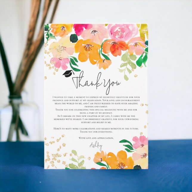 Gold glitter floral photo botanical graduation thank you card (Gold glitter floral photo botanical graduation thank you card)