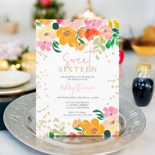 Gold glitter floral photo botanical Sweet 16 Invitation