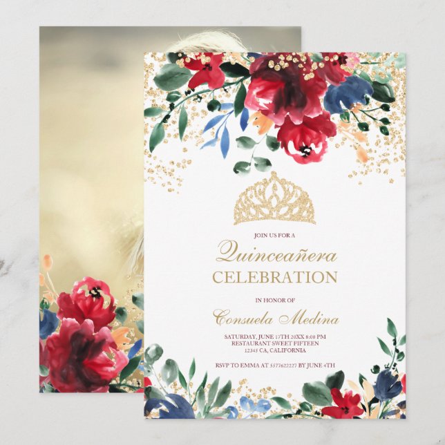 gold glitter floral photo tiara Quinceañera Invitation (Front/Back)