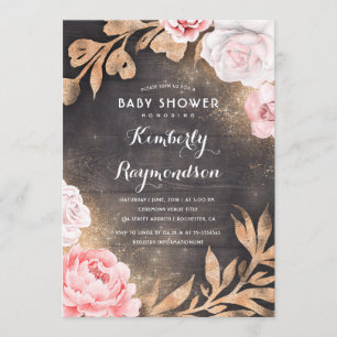 Gold Glitter Floral Rustic Country Baby Shower Invitation