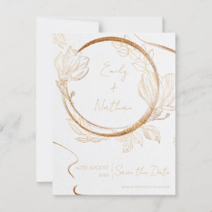 Gold Glitter Floral Script Wedding Save The Date Postcard
