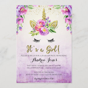 Gold Glitter Floral Unicorn Baby Shower Invitation