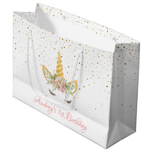 Gold Glitter Floral Unicorn Horn Birthday Baby Large Gift Bag