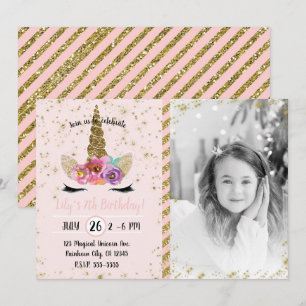 Gold Glitter Floral Unicorn Horn Birthday Photo Invitation
