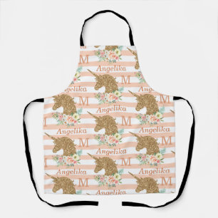 Gold Glitter Floral Unicorn Pattern Name Apron