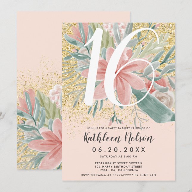 Gold Glitter floral watercolor blush sweet sixteen Invitation (Front/Back)