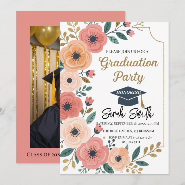 Gold glitter floral watercolor photo graduation  invitation (Front/Back)