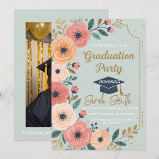 Gold glitter floral watercolor photo graduation invitation