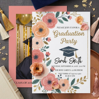 Gold glitter floral watercolor photo graduation invitation