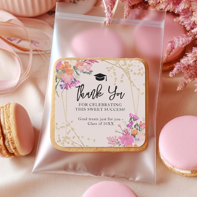 Gold glitter floral watercolor Thanks graduation Square Sticker (Gold glitter floral watercolor Thanks graduation Square Sticker)