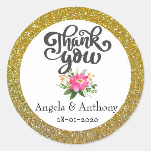 Gold Glitter Floral Wedding Thank You Classic Round Sticker