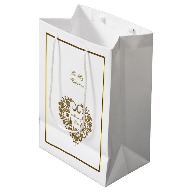 Gold Glitter Flourish Valentine Medium Gift Bag (Front Angled)