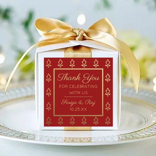 Gold Glitter Flower Wedding Return Gift Favour Square Sticker (indian wedding favor return gift label stickers, hindu wedding favor, mehndi sangeet favor packaging)