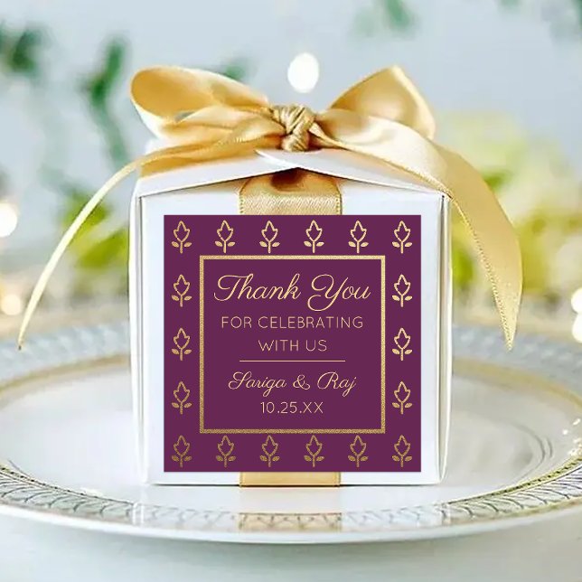 Gold Glitter Flower Wedding Return Gift Favour Square Sticker (indian wedding favor return gift label stickers, hindu wedding favor, mehndi sangeet favor packaging)