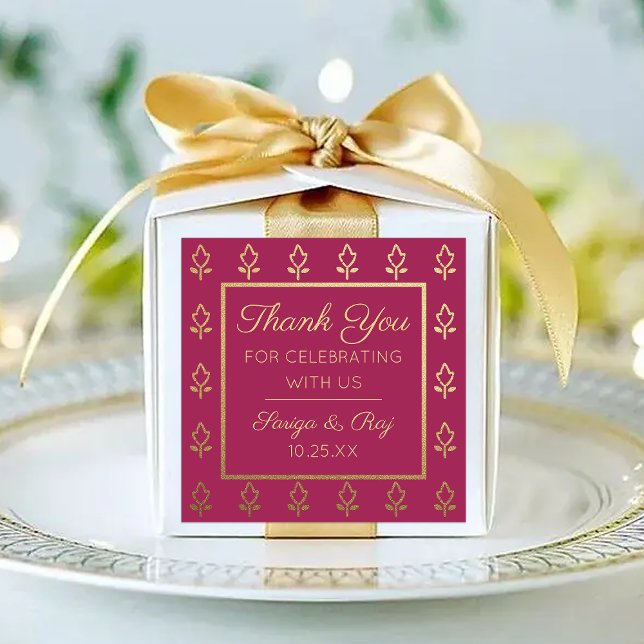 Gold Glitter Flower Wedding Return Gift Favour Square Sticker (indian wedding favor return gift label stickers, hindu wedding favor, mehndi sangeet favor packaging)
