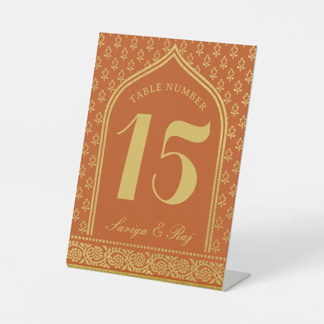 Gold Glitter Flower Wedding Table Number and Name Pedestal Sign (Front)