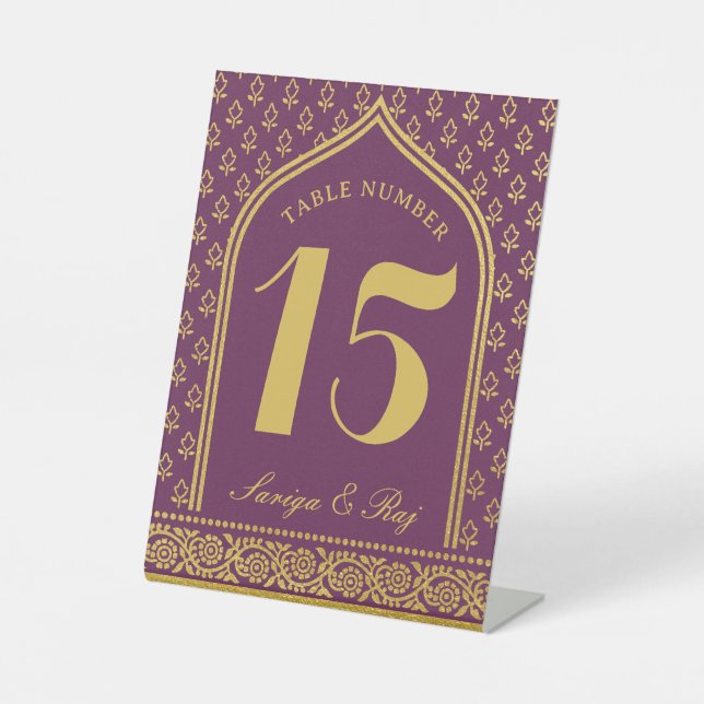 Gold Glitter Flower Wedding Table Number and Name Pedestal Sign (Front)