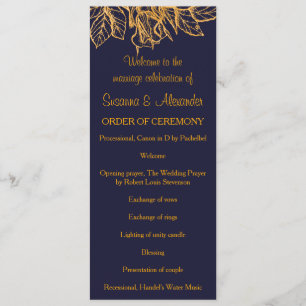 Gold Glitter Flowers and Dark Blue Wedding Program Programme